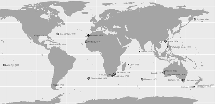 A map of 24 shipwrecks in the period 1500–1900